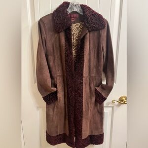 Margaret Godfrey Brown Suede Long Coat faux fur collar/trim gorgeous sz petite 6